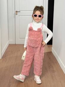 SHEIN 年轻女孩秋冬心形毛绒双面绒阔腿背带裤，适合休闲日常穿着 - 粉色 - 查看 4