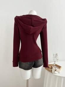 Elamini Women's Hooded Zip-Up Embroidered Fitted Long Sleeve Jacket - Burgundy - View 2