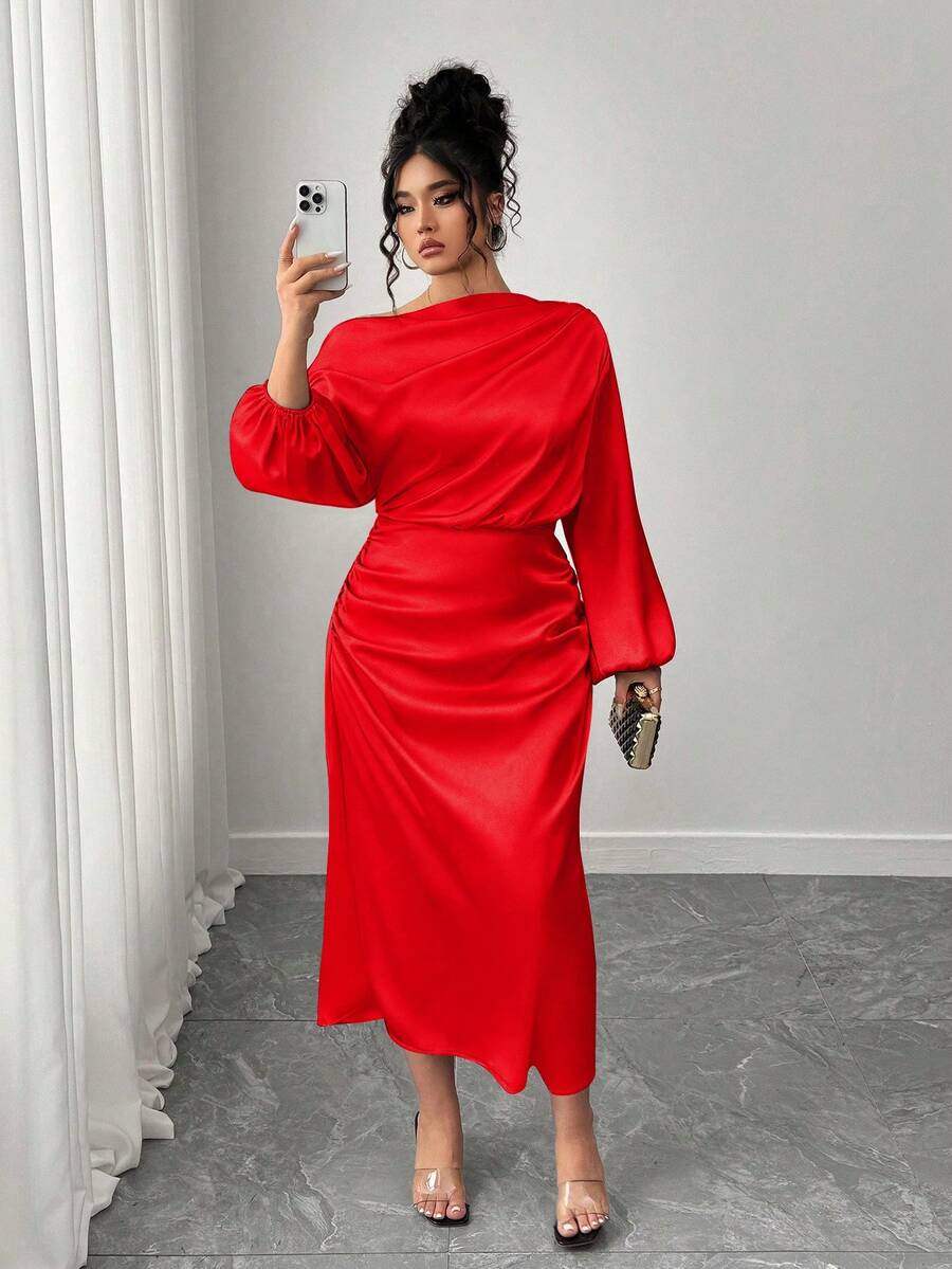 SHEIN Elenzya Plus Size Women Satin Asymmetric Ruffle Collar Off Shoulder Ruched Waist A-Line Maxi Dress - Red - View 1