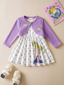 Nick 90s | SHEIN Baby Girl Cartoon Figure Graphic Purple Jacket & Purple Polka Dot Cute White Tank Dress, 2 Piece Set - Purple - View 12