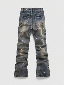 ROMWE MEN Street Life 镶钻喇叭牛仔裤，时尚男士必备单品 - 中等水洗藍 - 查看 2