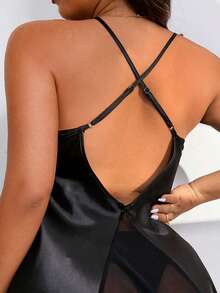 SilkySpell Plus Size Back Hollow Design Slightly Sexy Imitation Silk Pajama Dress - Black - View 3