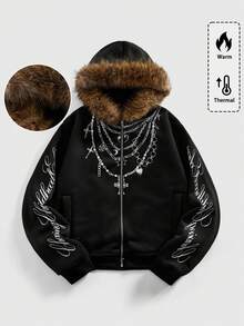 ROMWE MEN Street Life Áo nỉ có mũ trùm đầu in chữ thường ngày cho nam, cổ lông, thu/đông, tay dài - màu đen - Xem 1