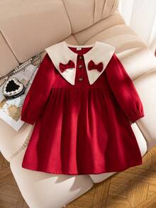 Elladie kids 女童秋季连衣裙，彼得潘领，蝴蝶结装饰，半开襟，长袖，宽松版型，时尚百搭，适合派对和一周岁生日穿着