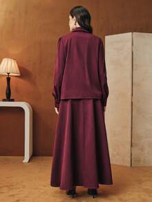 Anewsta 女士优雅衬衫搭配 A 字长裙套装，酒红色，多色刺绣图案，适合日常、派对和聚会等场合。 - 酒紅色 - 查看 3