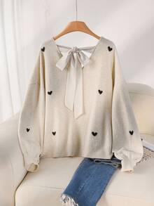 CosyJoli 大码休闲心形图案米色V领露背毛衣