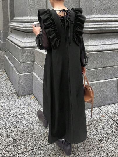 FRIFUL 女士纯色时尚薄纱长袖连衣裙