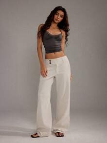 SHEIN PETITE 女士纯色口袋纽扣休闲百搭阔腿裤 - 杏色 - 查看 5