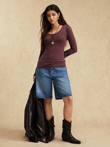 Easelle Casual Retro Scoop Neck Fitted Metal Design Women T-Shirt Women Long Sleeve Tops Winter Tops For Women Long T Shirt For Women Fitted Tops Women Winery Clothes For Women