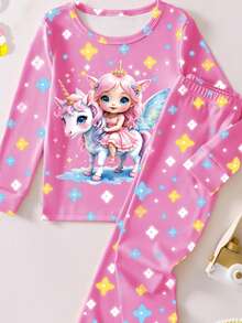 一套女童睡衣，粉色夜光童话奇幻独角兽和星星印花修身长袖上衣和裤子睡衣套装 - 粉色 - 查看 7