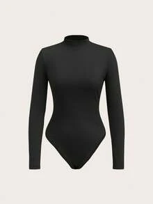 SHEIN EZwear 女士休闲简约长袖连体衣，适合秋冬季穿着 - 黑色 - 查看 3