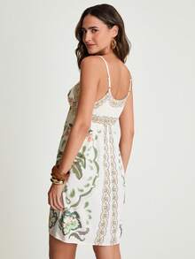 CAJUNI Women's White Floral Summer Boho Vacation Holiday Watercolor Floral Coconut Tree Turtle Bamboo Green Apricot Spaghetti Strap Off-Shoulder Short Dress - Green - View 2