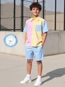 Vacaura Bộ 2 áo polo màu Macaroon cho bé trai kèm quần short sọc, trang phục mùa hè giản dị và thời trang cho trường học và kỳ nghỉ - Nhiều màu - Xem 1