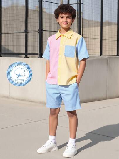  Vacaura Boy Summer Vacation Outfit  2pcs Boys Macaroon Color Block Polo Shirt With Striped Shorts Set, Casual And Fashionable Summer Outfit For School And Vacation Summer Holiday