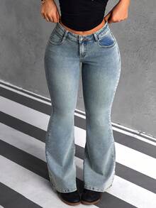 SHEIN ICON Plus Size Women High Waist Cross Embroidery Pocket Flare Casual Jeans - Blue - View 2