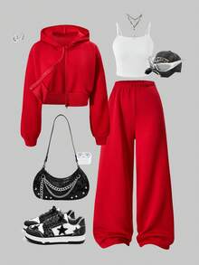 SHEIN ChillGRL 三件套少女纯色保暖连帽拉链衫、吊带背心和阔腿裤休闲套装，适合日常穿着、通勤和上学。 - 紅色 - 查看 1