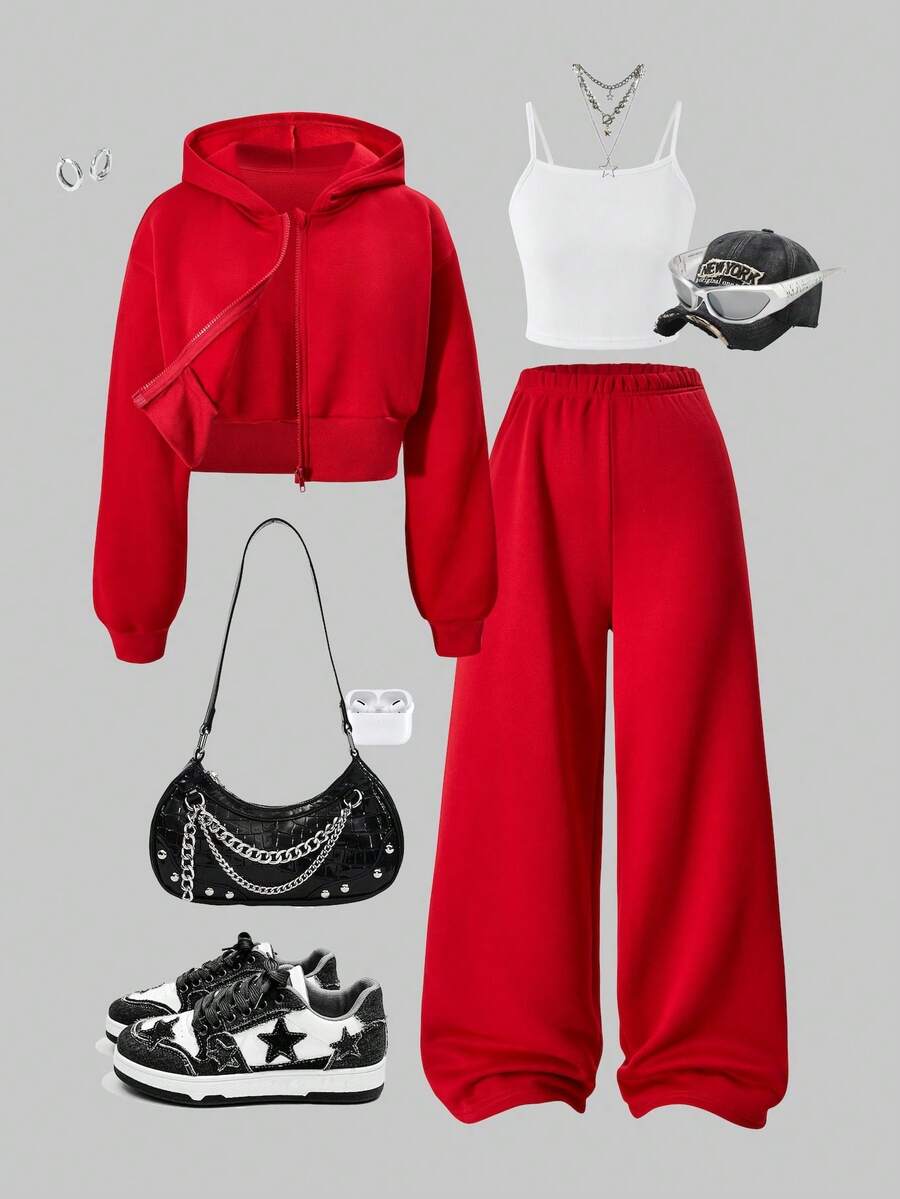 SHEIN ChillGRL 三件套少女纯色保暖连帽拉链衫、吊带背心和阔腿裤休闲套装,适合日常穿着、通勤和上学。 - 紅色 - 查看 1