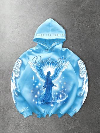 Street Life Sudadera con capucha casual de hombre con gráfico de alas y retrato, otoño