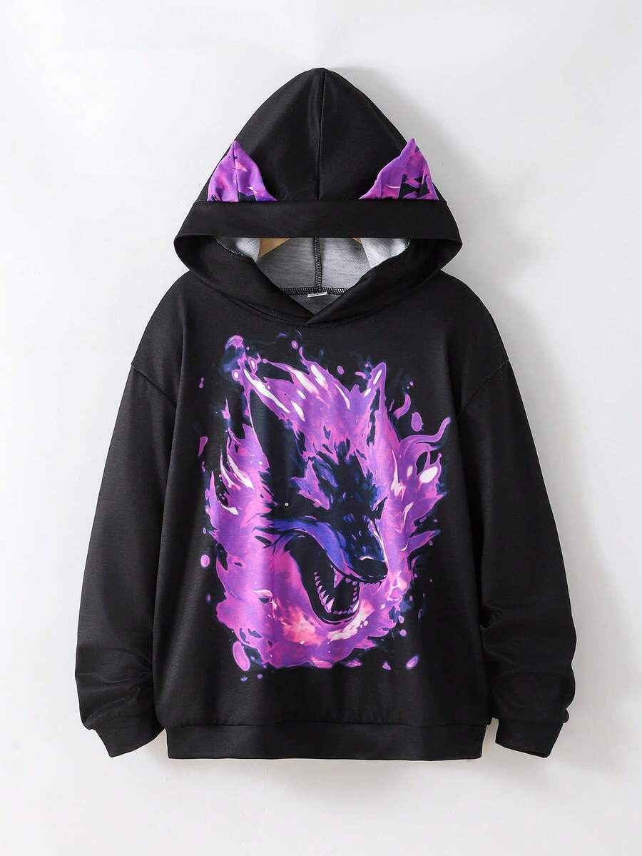 SHEIN Fantacosmos 青少年男童街头休闲动物图案霓虹印花卫衣 - 紫色 - 查看 1