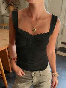 SHEIN EZwear Solid Color Spaghetti Strap Tank Top, Simple Fashion Style Suitable For Summer - Black - View 3