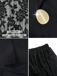 SHEIN PariChic 女士黑色优雅蕾丝透视浪漫花朵网眼不对称金属纽扣开衩中长复古风格度假春夏秋冬修腰西装外套和裙子两件套万圣节服装外出 - 黑色 - 查看 8