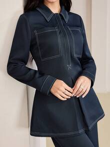Veilorie 女士翻领长袖褶裥下摆衬衫和阔腿裤休闲两件套 - 藍色 - 查看 7