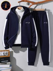 Vacaura 2 件套休闲青少年男童撞色设计连帽开衫外套搭配撞色针织裤，面料舒适，颜色百搭，适合上学和日常穿着，秋冬