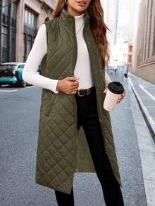 SHEIN Clasi 秋冬季无袖中长款绗缝背心，配有斜插口袋和菱形绗缝设计 - 彩色 - 查看 3