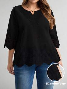 LUNE Blusa de verano de talla grande, de unicolor, hueca, bordada, casual, para vacaciones, temporada de bodas, nuevo diseño de playa para mujer - Negro - Ver 3