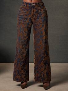 NYA SZN 高腰直筒牛仔裤，棕色蓝色印花，节日冬季假日圣诞节新年夜街头派对活动奢华金属色女装 - 深色水洗藍 - 查看 5