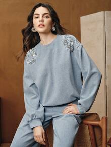 Anewsta Vintage Washed Light Blue Rhinestone Embellished Casual Sweatshirt For Women - Blue - View 4