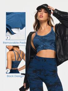 Gameset SHEIN Sport Sujetador deportivo sin costuras de alta elasticidad para aeróbic, yoga y fitness con espalda cruzada para mujeres - Azul Marino - Ver 2