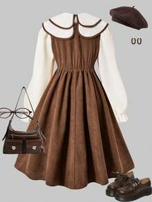 SHEIN Girls Pearl Button Decor Long Sleeve Peter Pan Collar Midi Pleated Dress, Cute Sweet Academic Style, Fashionable, Autumn/Winter - Brown - View 2