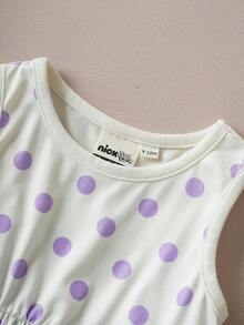 Nick 90s | SHEIN Baby Girl Cartoon Figure Graphic Purple Jacket & Purple Polka Dot Cute White Tank Dress, 2 Piece Set - Purple - View 6