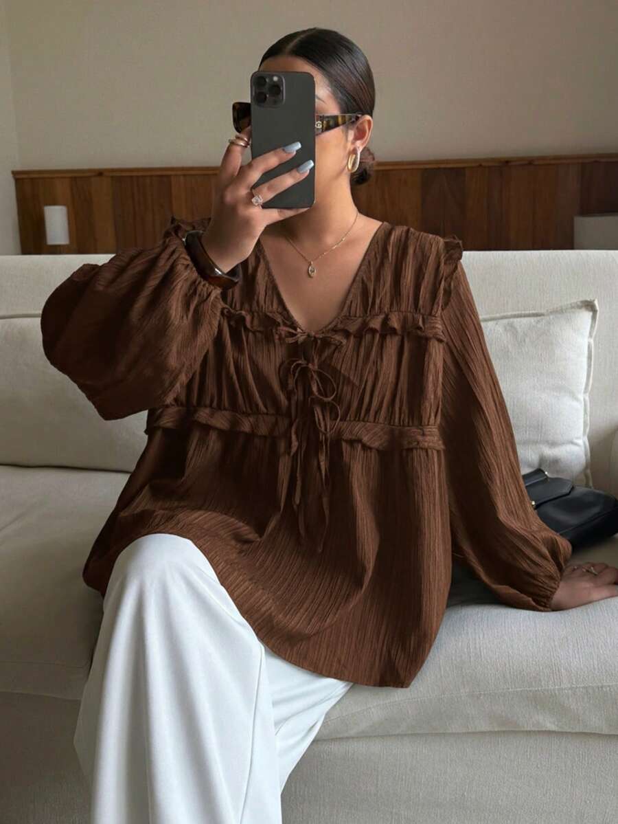 Dripcurv 大码女式纯色休闲系带上衣 - 棕色 - 查看 1