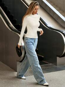 SHEIN Essnce 女士休闲日常通勤简约纯色纹理面料荷叶边修身T恤，春秋季 - 杏色 - 查看 3