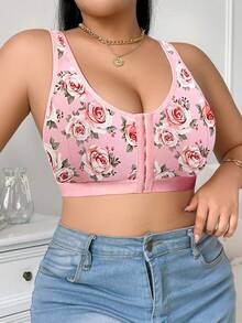 DesireSculpt 1 pieza Sujetador inalámbrico con cierre frontal y estampado floral para mujer de talla grande - Rosa - Ver 3