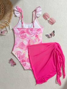 SHEIN Girls One Piece Swimsuit With Cover Up, Pink Seashell Print, Ruffle Shoulder, Quick Dry, Adjustable Straps, Beach Swimwear For Kids, Summer Vacation, Pool Party, 1pc Tween Girls Tie Dye & Seashell Print One-Piece Swimsuit Swim Skirt Teen Girls Tween Swimsuits Sea Shells Bikini Set With Sarong Skirt Swimsuit Tween Pink Tween Girl Swimsuit With Skirt - Multicolor - View 5
