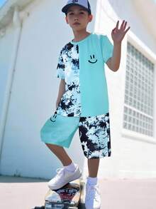 SHEIN Fantacosmos 2pcs Tween Boy Casual Cartoon Tie-Dye Print Patchwork T-Shirt And Shorts Set - Multicolor - View 1