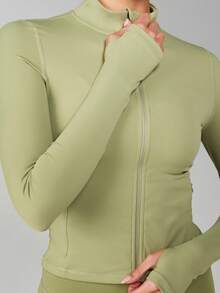 MISSGUIDED 女士长袖运动拉链高领外套，带拇指孔和侧袋，适合运动穿着 - 綠色 - 查看 6