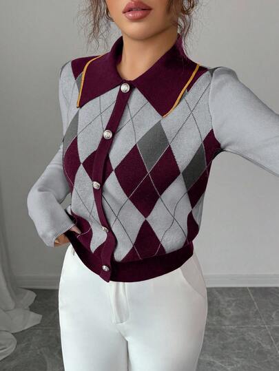 Elenzga Elegant Blue & White Argyle Pattern Turndown Collar Faux Placket Long Sleeve Knit Sweater, Suitable For Commuting And Everyday Wear, Autumn/Winter