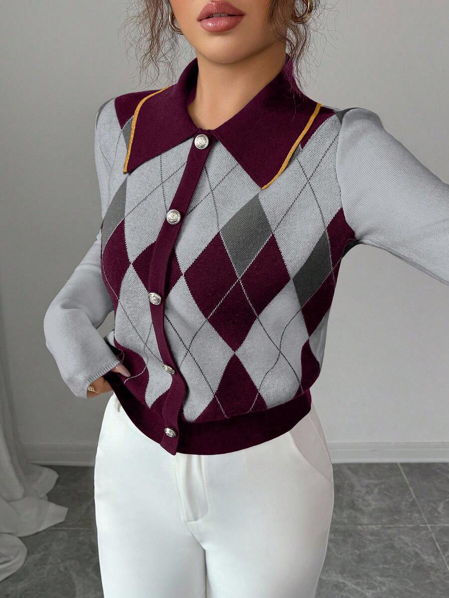 Elenzga 优雅蓝白菱形图案翻领仿门襟长袖针织毛衣，适合通勤和日常穿着，秋冬季 - 酒紅色 - 查看 1