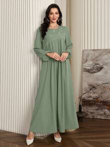 Al Najma 女士优雅长袖阿拉伯长袍，饰有串珠，A字型设计，适合日常休闲穿着。 - 綠色 - 查看 8