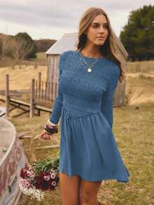 Aralina Gaun Mini Kasual Wanita Warna Polos Leher Bulat Lengan Panjang Berlipit - Dusty Blue - View 6