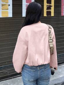 EMERY ROSE Áo khoác ngắn đơn sắc có khóa kéo phía trước, thường ngày, đa năng - Hồng - Xem 2