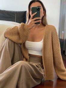 DAZY كارديجان محبوك أنيق بأكمام طويلة وفضفاض بلون واحد، خريف/شتاء - كاكي - مشاهدة 6