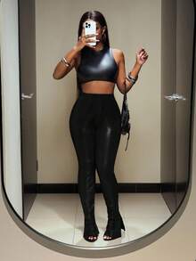 Slaydiva Quần vải PU họa tiết ôm dáng đơn giản màu đỏ rượu vang, cạp cao, mẫu mới thu đông 2025 dành cho nữ, thích hợp cho các bữa tiệc, trang phục rave, trang phục Halloween, trang phục Giáng sinh, đi chơi đêm, trang phục câu lạc bộ gợi cảm cho phụ nữ, trang phục ăn trưa cho phụ nữ-A - màu đen - Xem 6