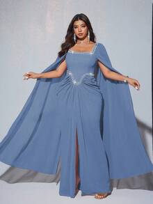 Viva Relle 大码女士优雅浪漫奢华宴会派对婚礼宾客雪纺灯笼袖圆领钻石装饰飘逸长裙（随机水钻装饰） - 霧霾藍 - 查看 3