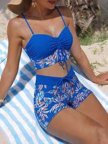 Swim Lushoire Summer Beach Women Solid Color Printed Splice Bikini Set - Random Print - Royal Blue - View 1