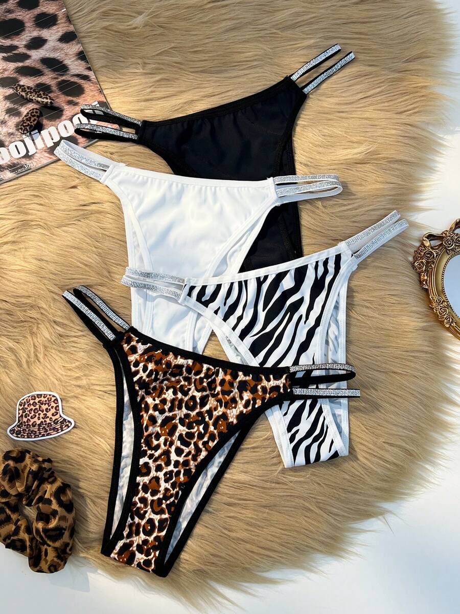 Snug Zone 4pcs/Set Women's Minimalist Sexy Leopard Print Low-Rise Briefs ClassicAnimalPrint Custom Lingerie Set Leopard Underwear Cheetah Print Underwear Animal Print Lingerie Cheetah Lingerie Set - Multicolor - View 1